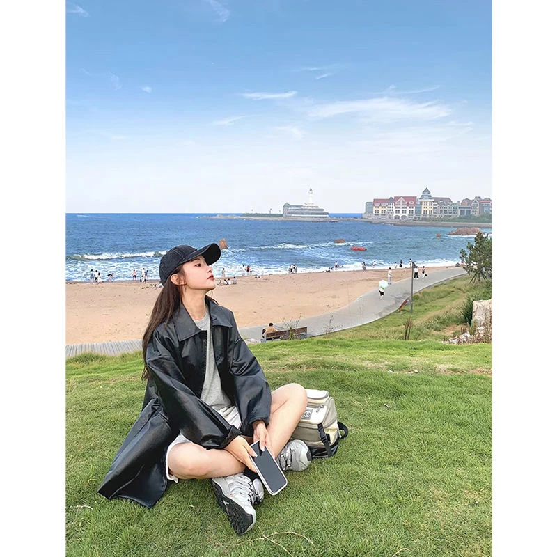 Giacca in Pelle Nera da Donna, Stile Casual con Colletto Rovesciato, Design Retrò Hong Kong, Cappotto in Pelle PU alla Moda, Novità Primavera-Autunno