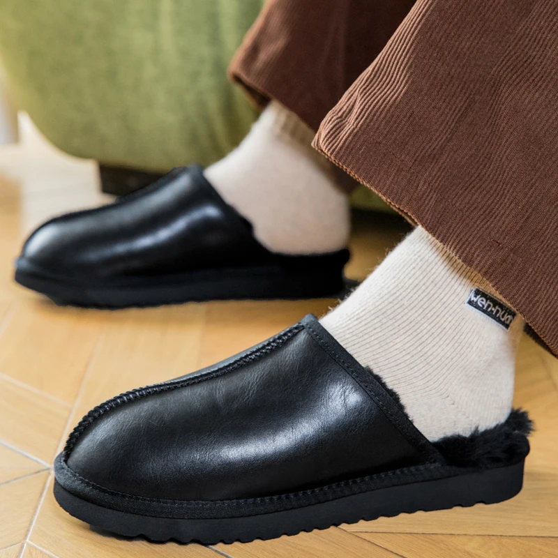 Men's Slip‑on Closed Toe Slippers Warm Fleece Lined Winter Snow Boots Comfortable Household Indoor Outdoor Wearable Cotton Shoes