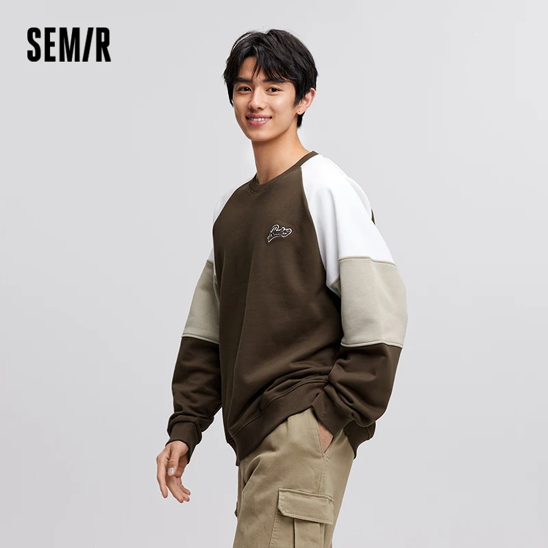 Semir Sweatshirt Men 2024 Winter New Contrasting Color Spliced Retro College Style Loose Embroidered Trendy Personality Top