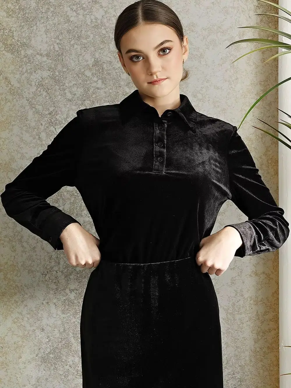 2025 Mail's Woman Black Velvet Clothes Long Sleeve Shirt+Maxi Skirt Autumn Winter Fashion Outfits