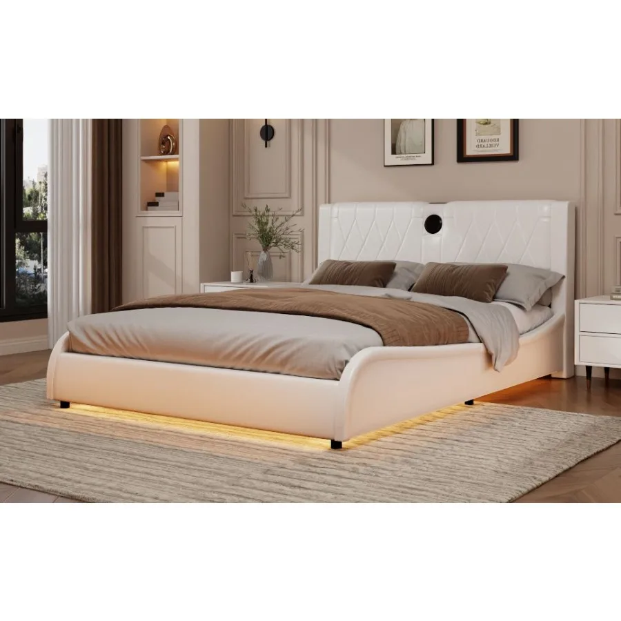 เตียงแพลตฟอร์มหุ้มหนังเทียมหรูหราขนาดควีนไซส์พร้อมลําโพงบลูทูธบอร์ดหนาและไฟ LED RGB ไม่มีกล่อง Spr
