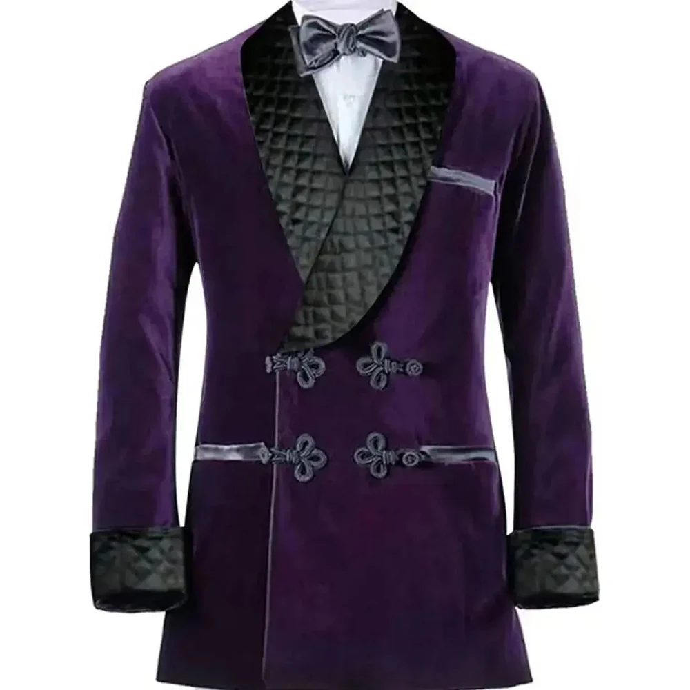 

High-end Purple Velvet Men's Jacket Fashionable Chinese Knot Button Large Lapel Male Blazer Single Piece