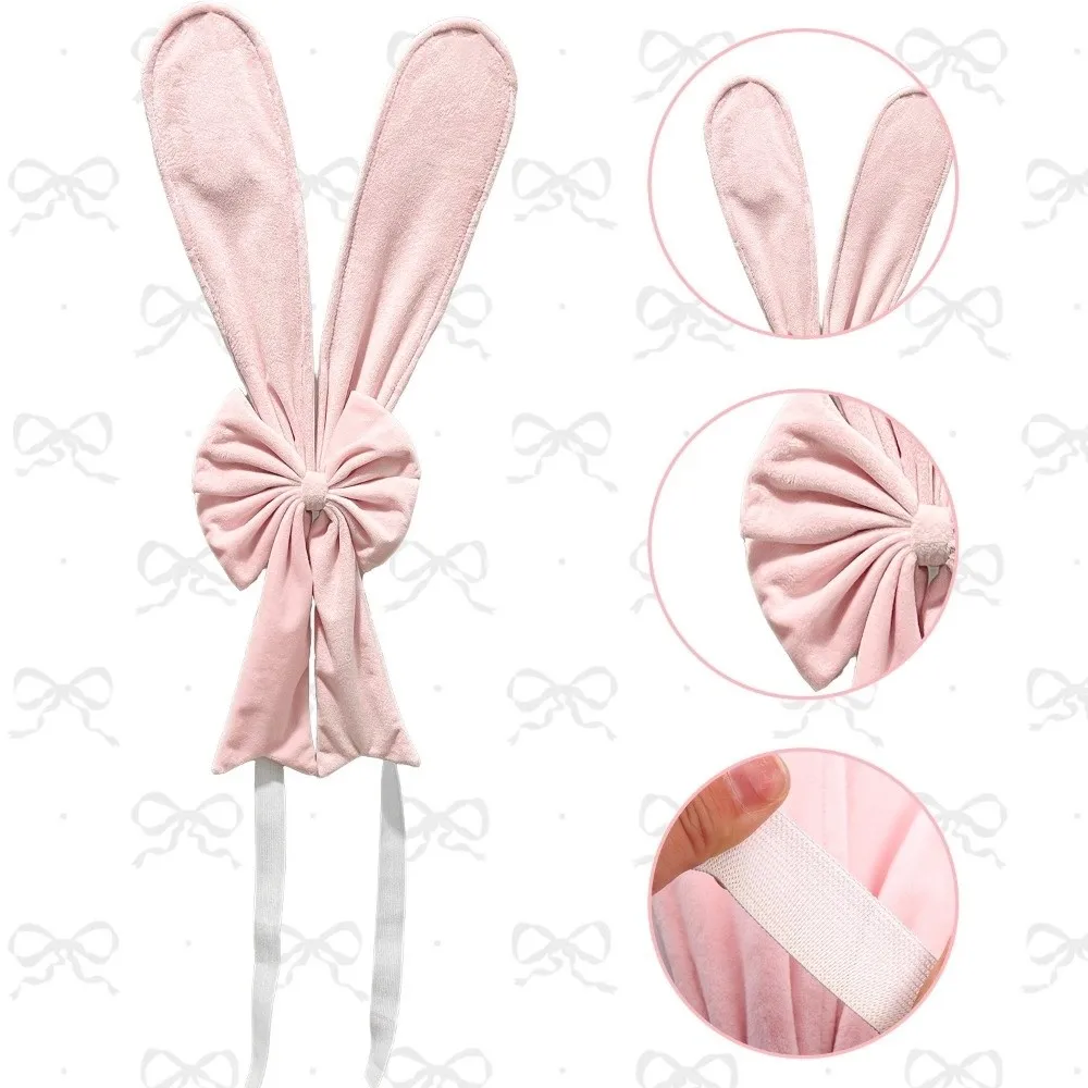 Elastic Straps Bunny Ear Slipcover Removable Festive Rabbit Ears Chair Back Cover Comfortable Pink Easter Bow Ornaments Favors