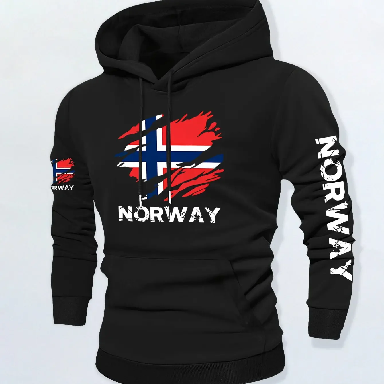2026Men Vintage Street Hoodie Hand Drawn Torn Norway Flag Letter Print Soft Fleece Oversized Patriotic Sweatshirt