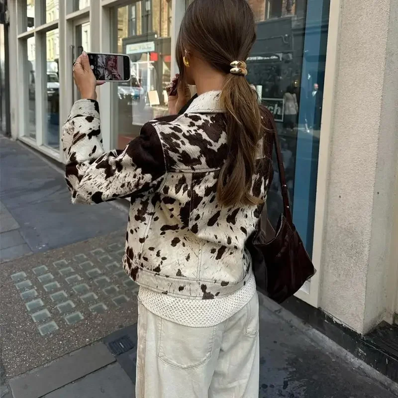 

Woolen Material Long Sve Turn-down Collar Street Sle Slim Fit Button Closure Autumn Winter Women's Printed