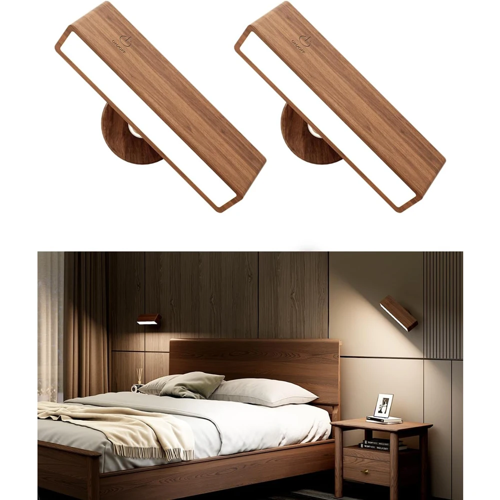 2 Pack Nordic Solid Wood Wall Sconces Rechargeable Night Lamps 360 Rotation Dimmable Touchable Wall Reading Lights for Bedside