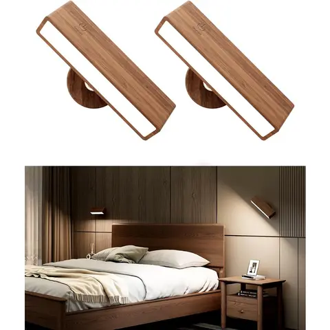 2 Pack Nordic Solid Wood Wall Sconces Rechargeable Night Lamps 360 Rotation Dimmable Touchable Wall Reading Lights for Bedside