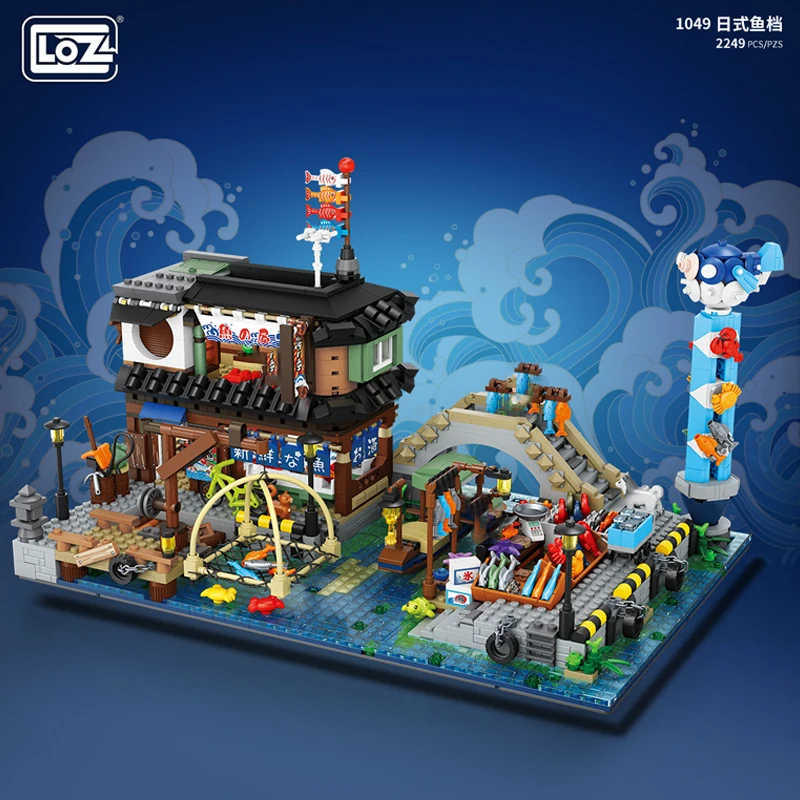 LOZ Japanese Fish Stall Mini Street View Building Blocks MOC Fisherman Market Zero Bar Fisherman Hotel Assembly Toy For Kids Gif