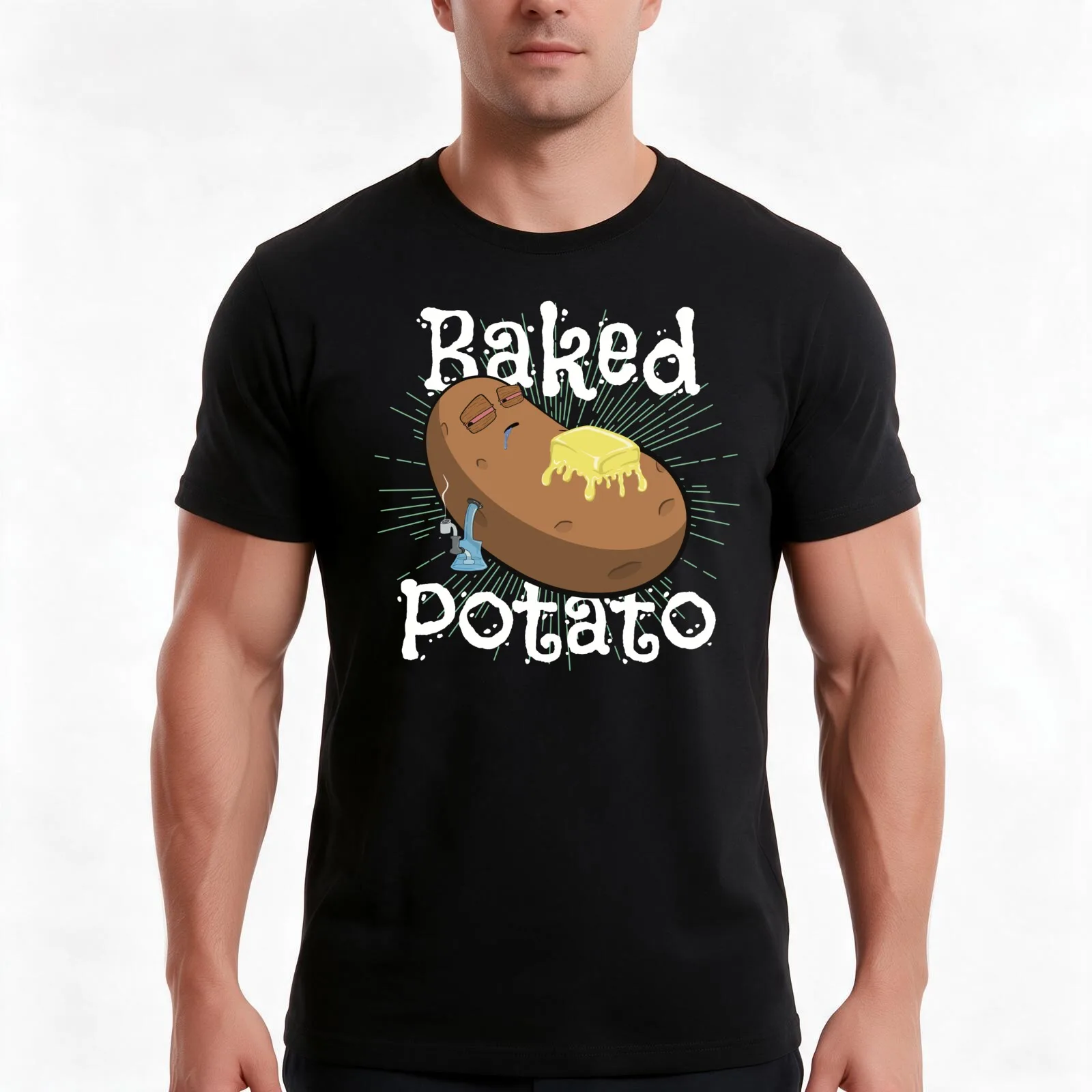 Stoned baked potato cartoon-baked potato T-Shirt, Summer Casual Cotton Tee, Oversized Streetwear Tops, Vintage Graphic Print