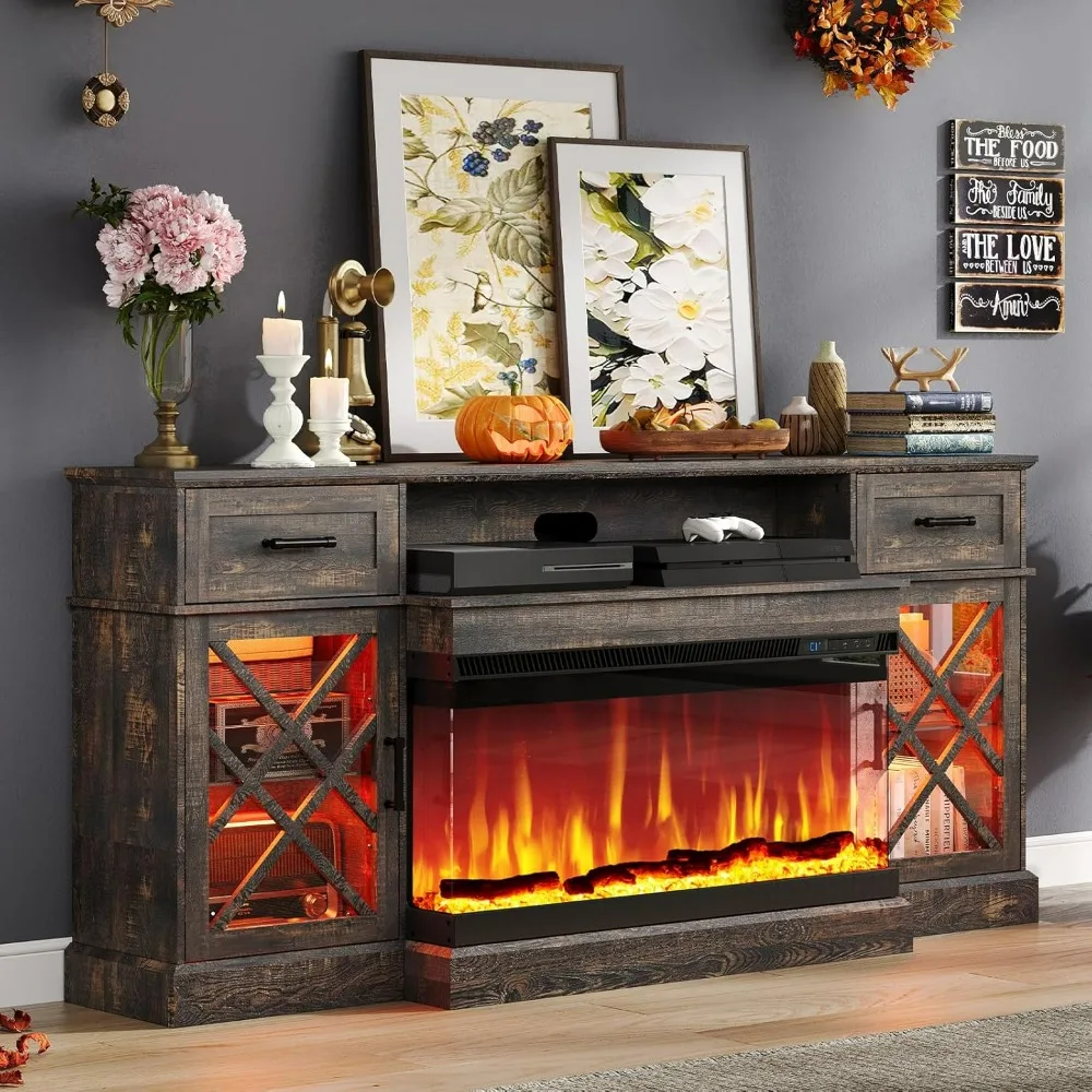 Farmhouse LED Fireplace TV Stand with 3-Sided Glass Fireplace, 70