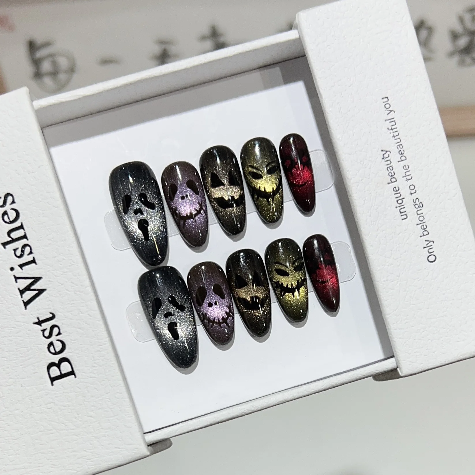 YTYIN بالجملة أظافر أكريليك يمكن ارتداؤها للهالوين قابلة للتخصيص على شكل عين القطة السوداء تصميم على شكل قلب وحش هيكل عظمي مضحك داكن #2