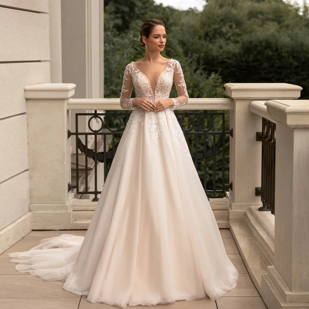 Gelinlik sevgiliye gelinlikler geri Illusion tรผl Robe dantel aplikler resmi parti Vestidos De Novia iรงin