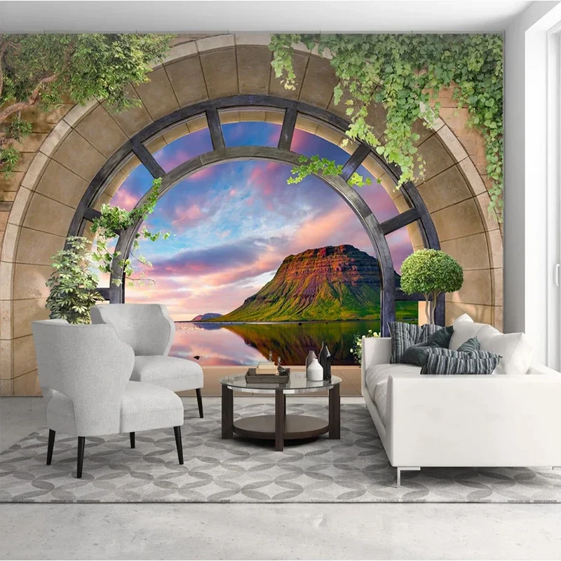 Pano de parede personalizado arco varanda montanha pico cenário foto murais papel parede sala estar tv fundo decoração casa