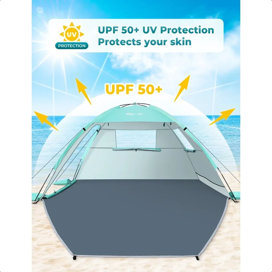 Tenda da spiaggia Riparo solare per 3 persone con protezione UV UPF 50+ Leggero e facile installazione Tettuccio parasole da spiaggia con finestre di sfiato Zipp
