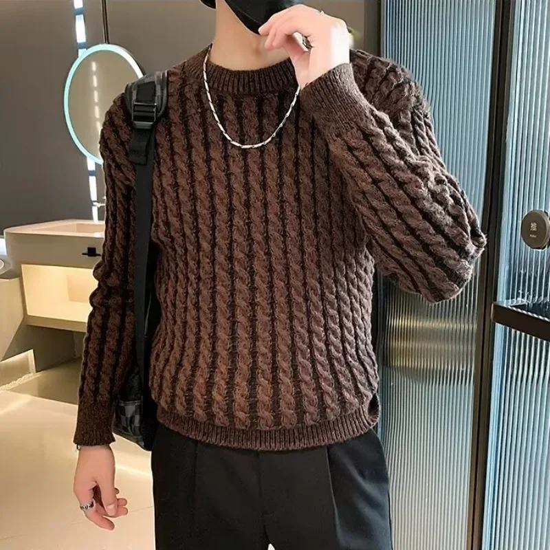 High Quality Striped Jacquard Sweater Men Winter Thicken Warm Round Neck Knit Pullover Casual Business Knitwear Tops Streetwear