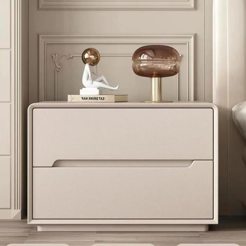 Luxury French Cream Nightstand Minimalist Bedside Table Microfiber Leather 2 Drawer Storage Cabinet Bedroom Furniture