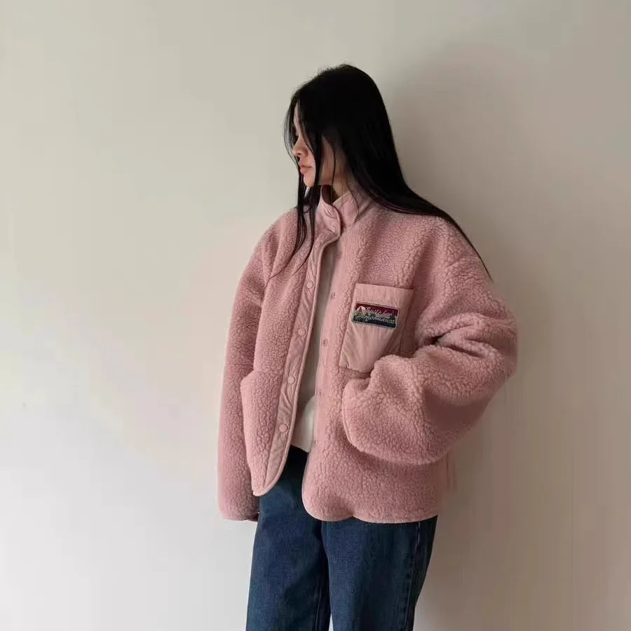 AP Studio Ropa de doble cara Piel de cordero orto Jaet ligero y cálido Abrigo informal holgado para mujer Reduce la edad larga Sve Butto...