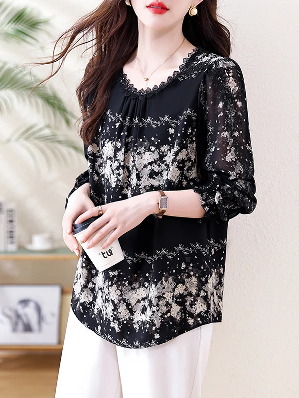 التخسيس الدانتيل طباعة هملين irt للنساء Ele خمر ربيع الخريف جديد Sle الأزهار منقوشة طويلة Sve جولة Ne أعلى