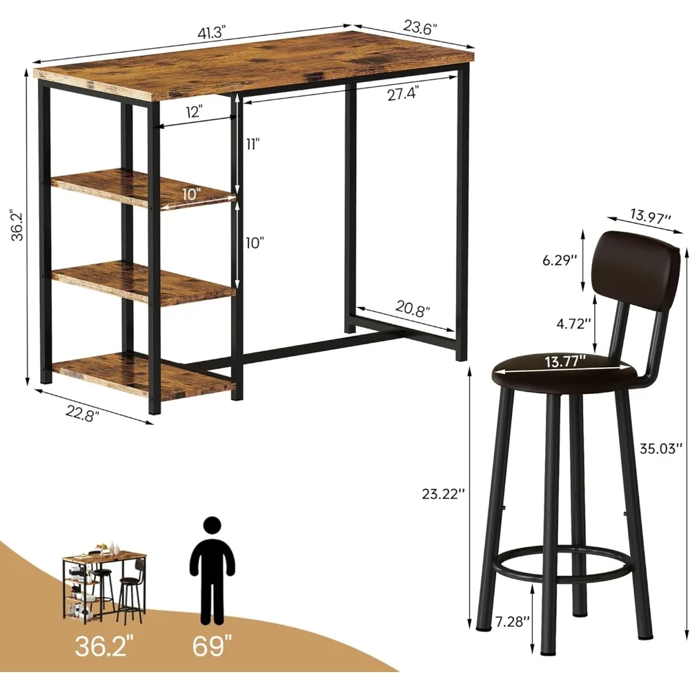 Conjunto de mesa de jantar para 2, mesa de pub de altura de balcão com 2 bancos de bar com encosto largo de couro PU e 3 prateleiras de armazenamento, conjunto de cadeiras de bar