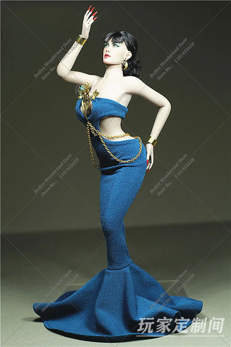 Customized 1/6 Sexy Women Blue Enchantress Strapless Slim Long Evening Fishtail Skirt Floor-Length Dress for 12'' Action Body