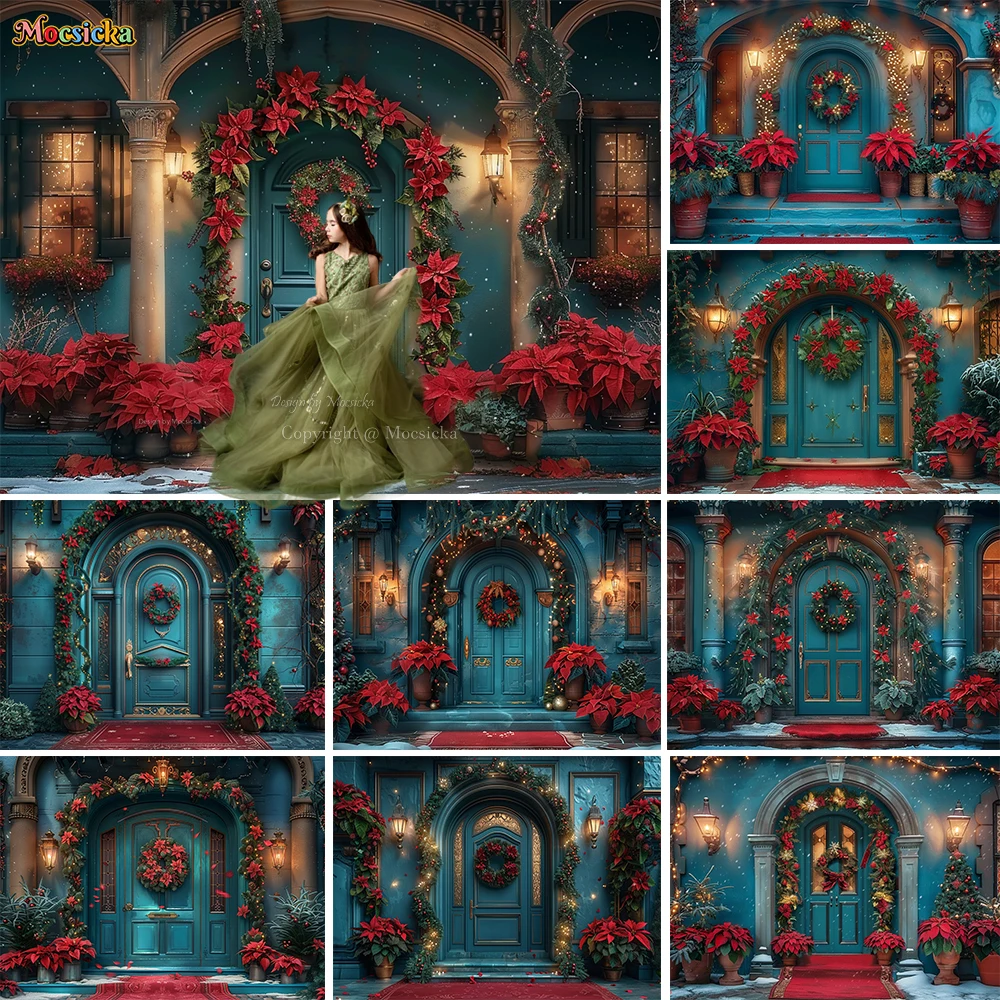 

Red Christmas Flower Arch Door Background Photography Blue Wall Green Garland Street Light Backdrop Girl Winter Outdoor Photo