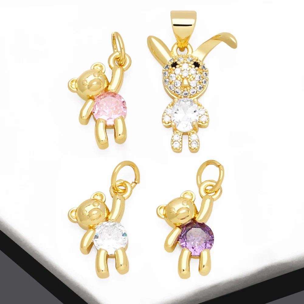 OCESRIO Multicolor Crystal Round Small Bear Pendant for Necklace Copper Gold Plated CZ Rabbit Jewelry Making Component pdtb274