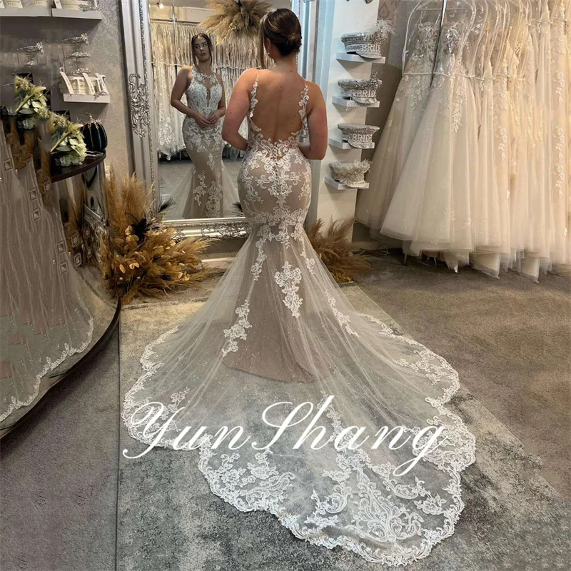 Yunshang Luxury Mermaid Wedding Dresses Women Lace Spaghetti Straps Open Back O-Neck Bridal Gowns Sweep Train Vestidos De Novia