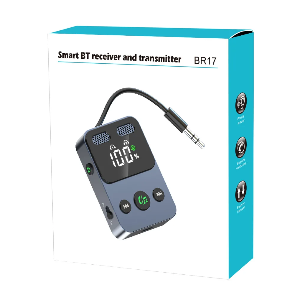 BR17 Dual Mic Bluetooth 5.3 2 in 1 Transmitter and Receiver Aux Adapter Technology Hands-Free Calling Wireless Audio Adapter