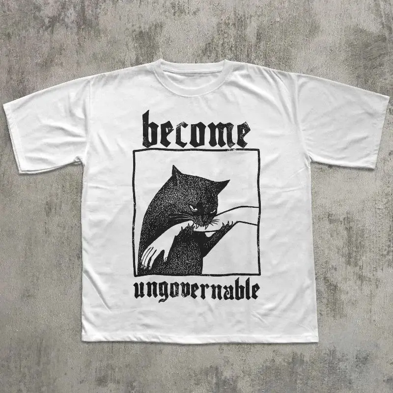 Silly Cats T Shirt Y2k Vintage Tops Become Ungovernable Funny Graphic Cat Biting Hand T-shirt Vintage Graphic Tee Unisex