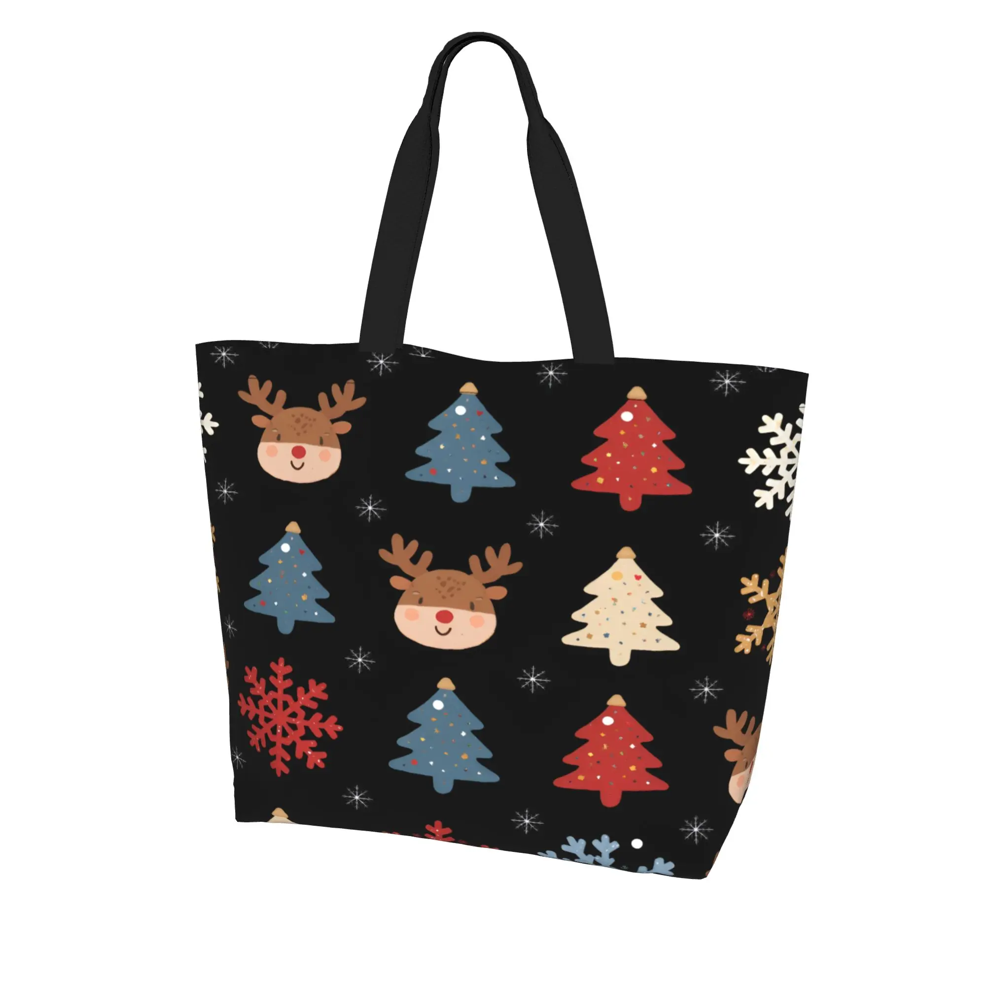 Christmas Print Large Tote Bag for Women, Holiday Shopping Bag with Reindeer Snowflake Design