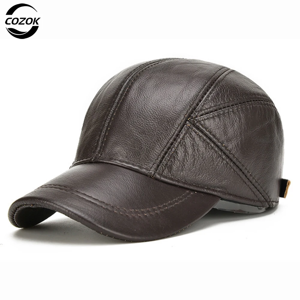 

2025 New Casual Real Leather Earflap Cap Men Real Cowhide Leather Caps Male Fall Winter Genuine Real Cow Leather Baseball Hats