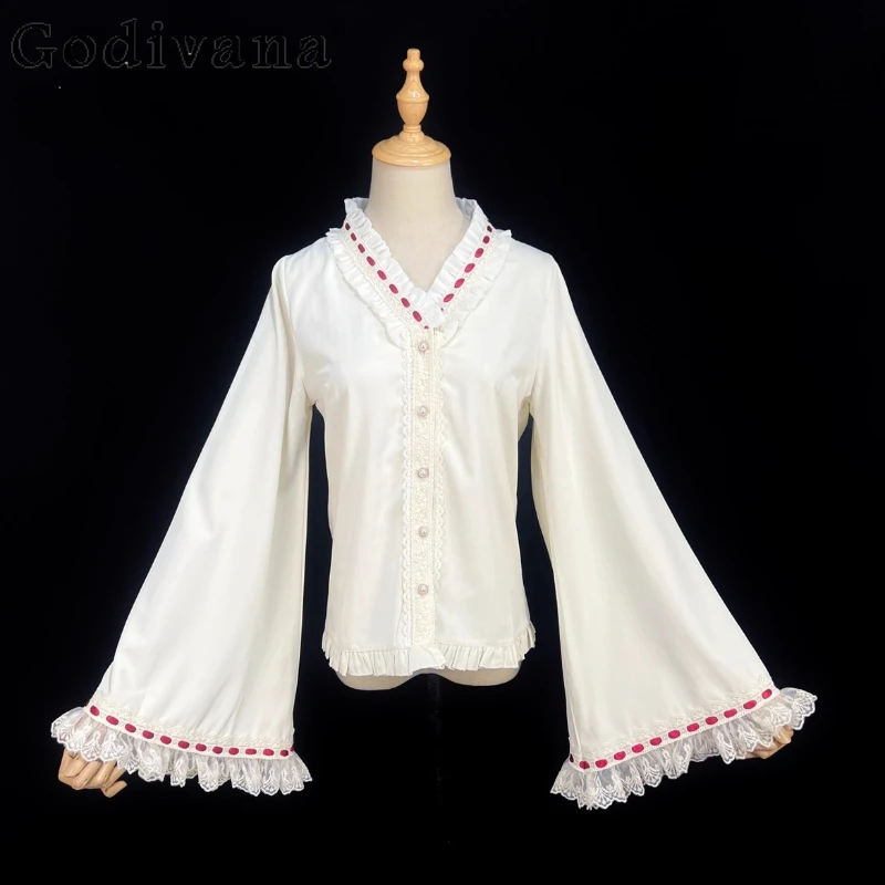 

Lolita V-neck Chinese Striped Long-sleeved Retro Flare Sleeve Shirt Girl New Ruffles Sweet Loose Spring Autumn bottoming Shirts