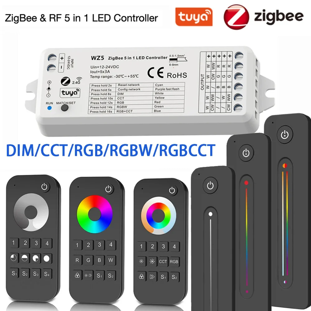 Tuya Zigbee 5in1 LED Controller DC12V 24V RGB RGBW RGBCCT Dimmer 2.4G Wireless Touch Remote for COB 5050 5630  Led Strip Light