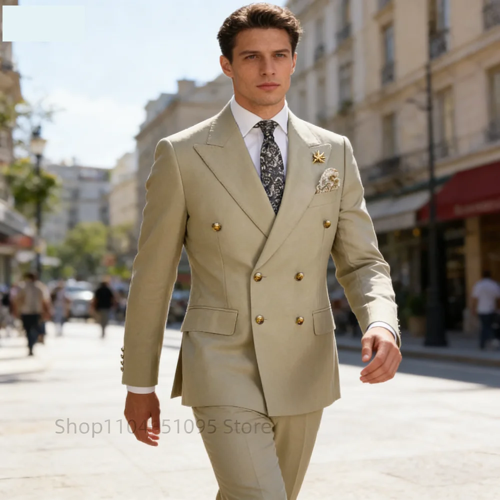 

Мужской повседневный костюм 2Smart цвета хаки: модный, деловой, для свадьбы, смокинг для жениха, с пик-лапелью, двубортный пиджак и брюки