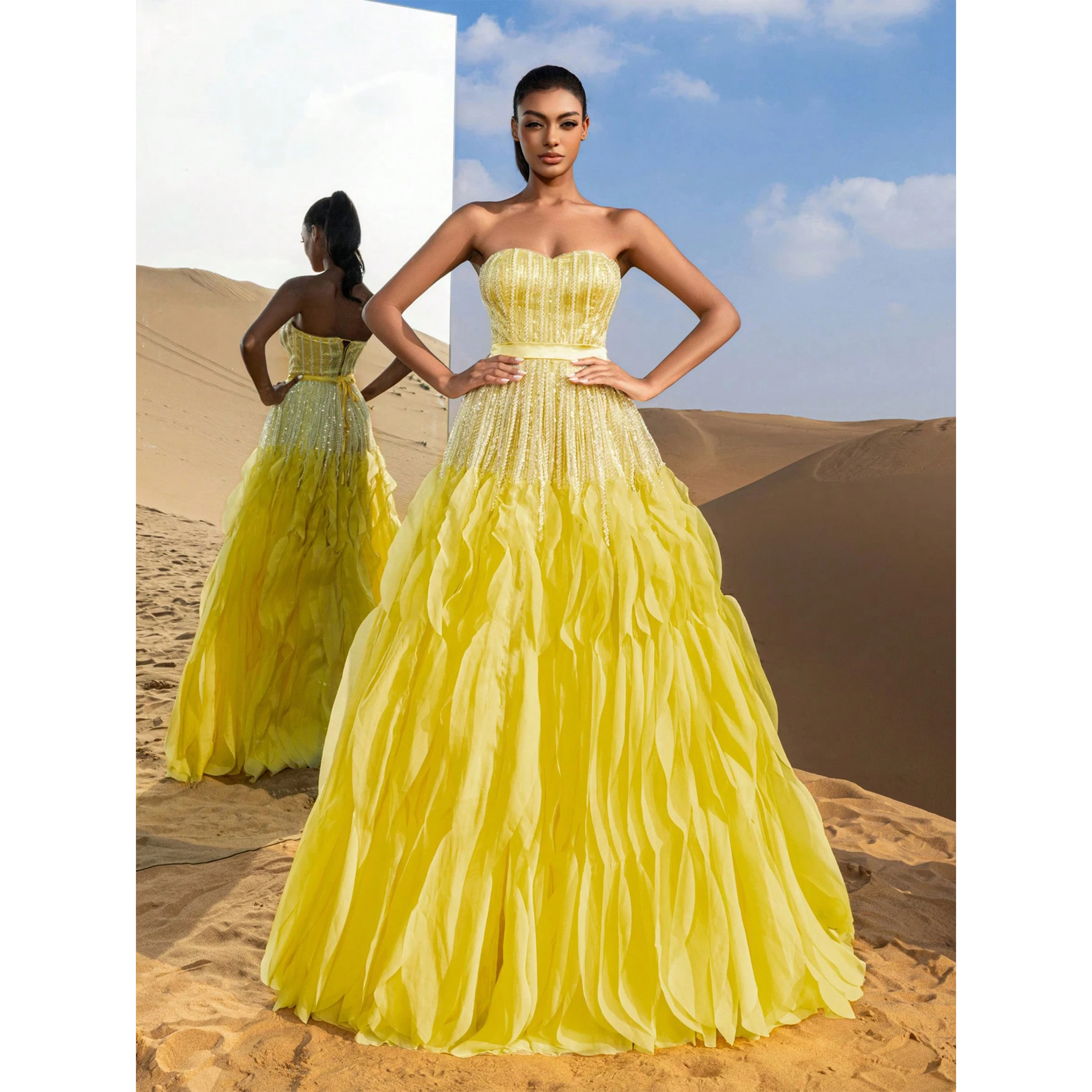 

Haute Glamour Gorgeous Strapless Ruffle Layered Hem Beaded Formal Dresses & Evening Gowns