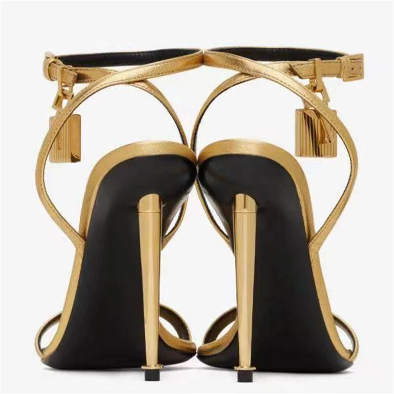 Buckle Strap Solid Color Key Lock Decoration Women Sandals Fashion Show Pointed Toe Ladies Shoes Golden Stiletto Sandals Women