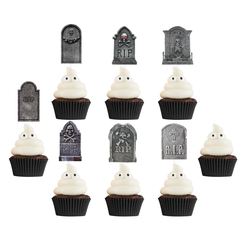 12pcs Paper Halloween Tombstone Cupcake Toppers Graveyard Black Cat Pumpkin Eyeball Various Styles Cake Flag Cake Decoration