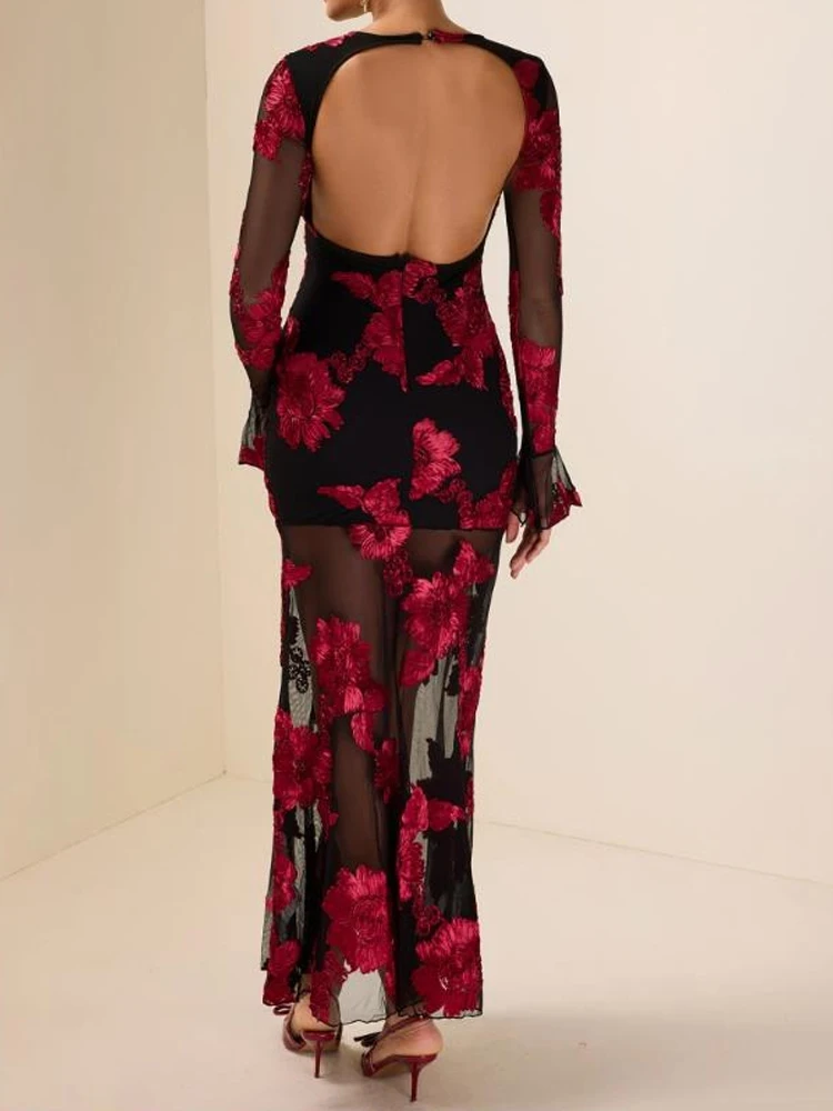 ชุดเดรสยาวทรงเข้ารูปลายดอกไม้แบบแจ็คการ์ด แฟชั่นสำหรับผู้หญิง ดีไซน์เซ็กซี่โชว์หลังเว้า  ชุดราตรีหรูหรา คอทรงโอ แขนยาว เหมาะสำหรับงานเลี้ยงตอนเย็น