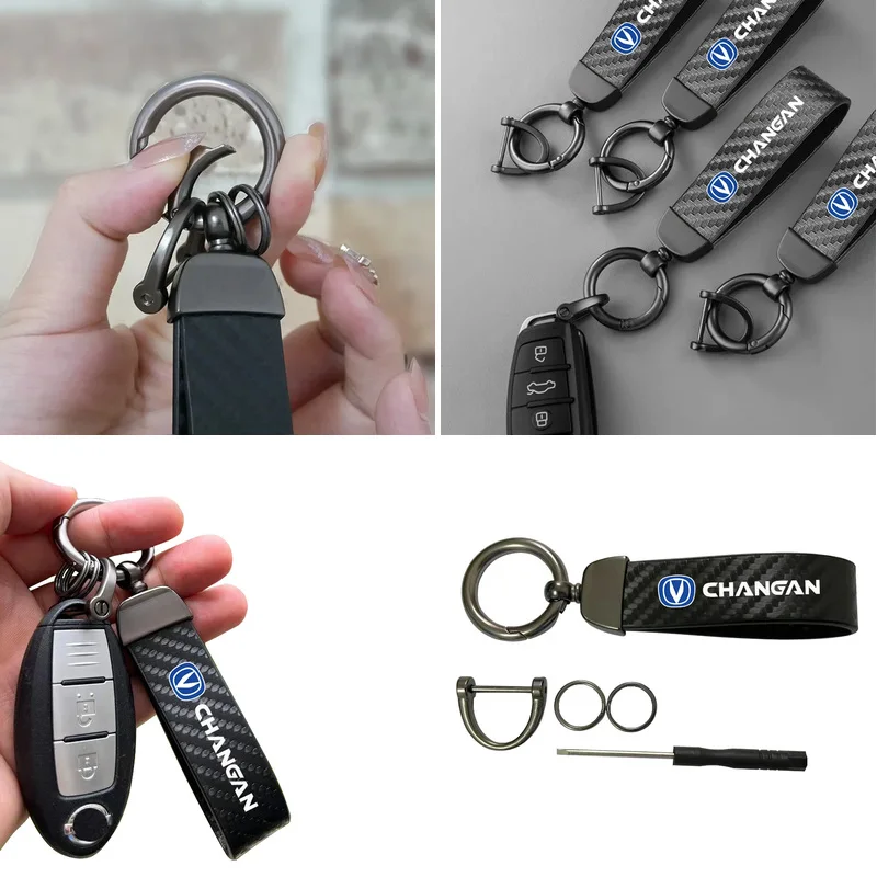 Changan Car Keychain Metal Ring Carbon Leather Key Holder For CS35 Eado CS95 Alsvin CS75 CS55 CS85 Auto Key Fob Decoration