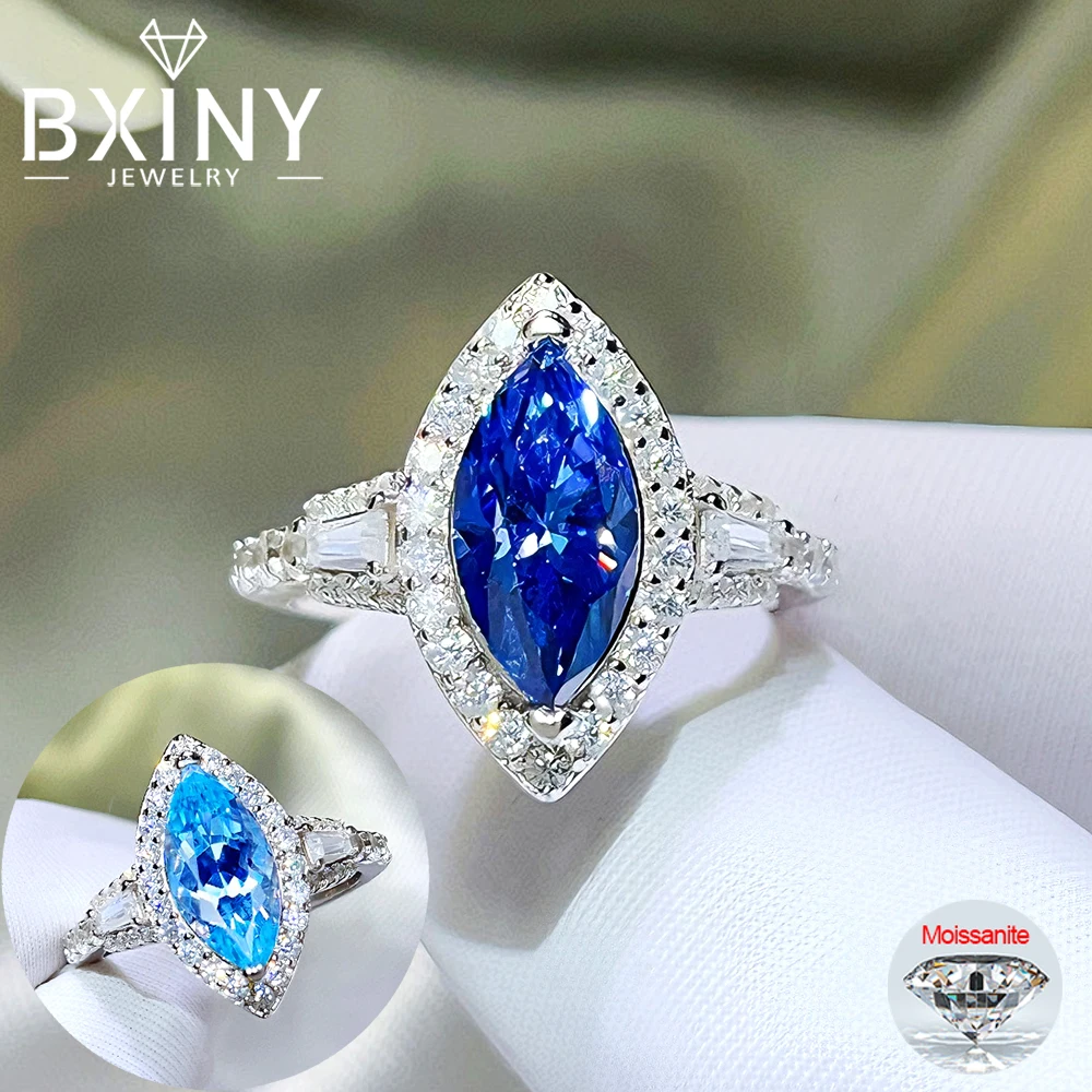 

Роскошные кольца BXINY с синим муассанитом огранки «маркиз» 1/2 карата, из стерлингового серебра 925 пробы, для женщин, с бриллиантовой огранкой «Хало», обручальные кольца, подарок, изысканные ювелирные изделия
