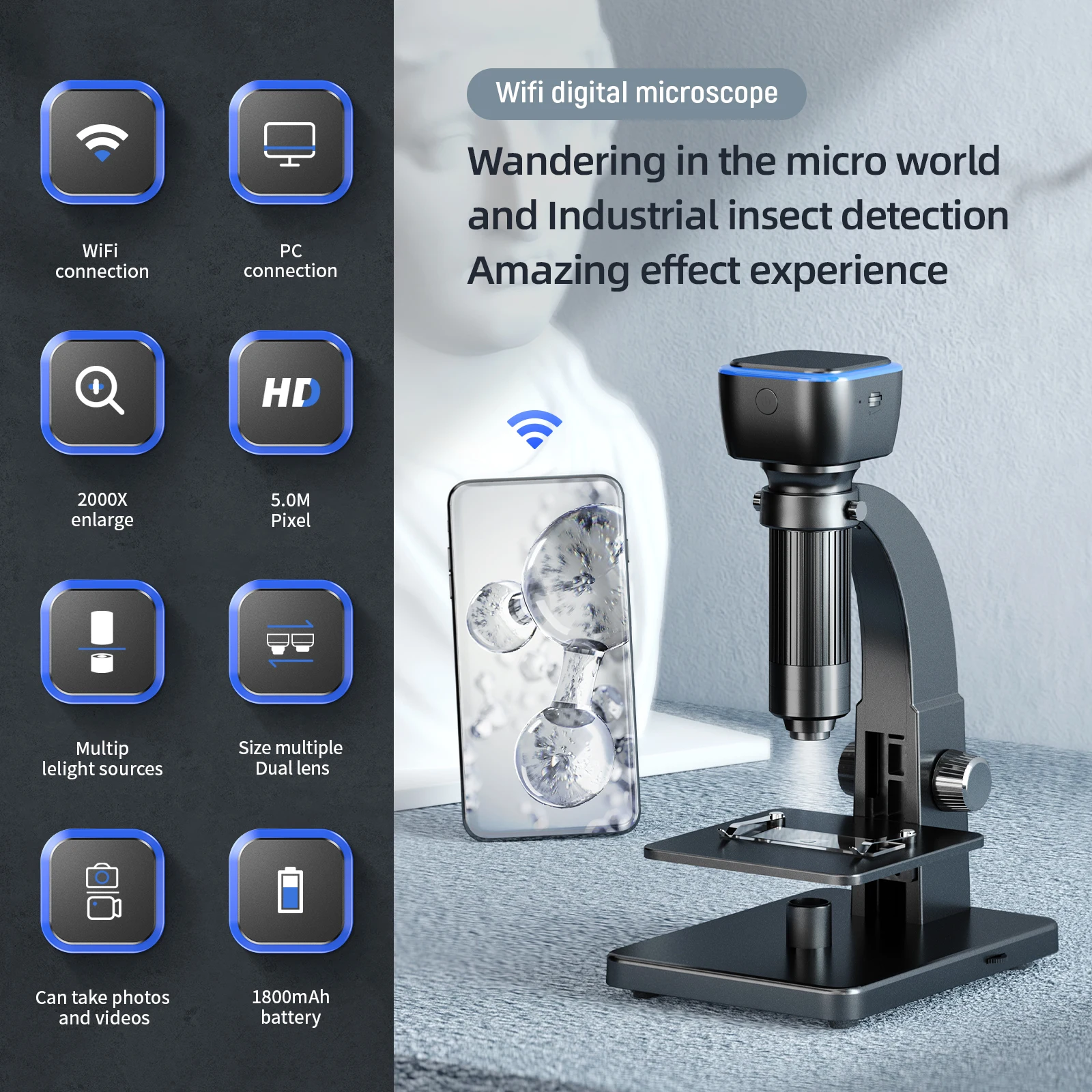 50-1000X Wireless Digital WIFI Microscope 2MP 1080P CMOS Borescope Handheld Endoscope Camera