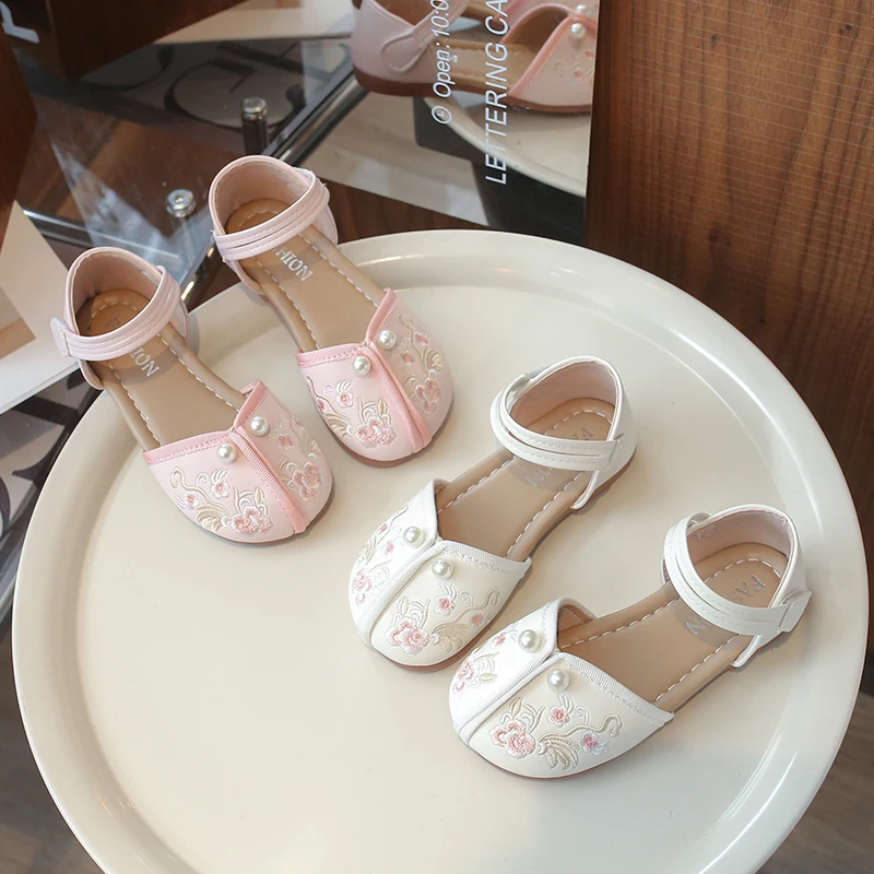 Girls' Close Toe Sandal Beige/Pink Pearl Embroidered Line Belt 2024 Summer New PU Outdoor Girls' Sandals Size 21-30