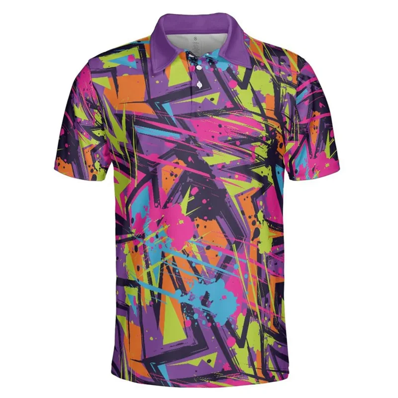 Hip Hop Graffiti Polo Shirt Men Personality Street Harajuku Fashion Short Sleeve Golf Shirts Colorful Stripe Casual T-shirt
