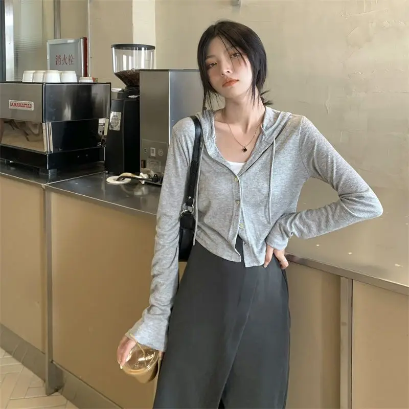 Deeptown Elegant Knitted Hooded Cardigan Women Grey Korean Fashion Sweet Crop Tops Solid Long Sleeve Casual Slim Up Streetwear