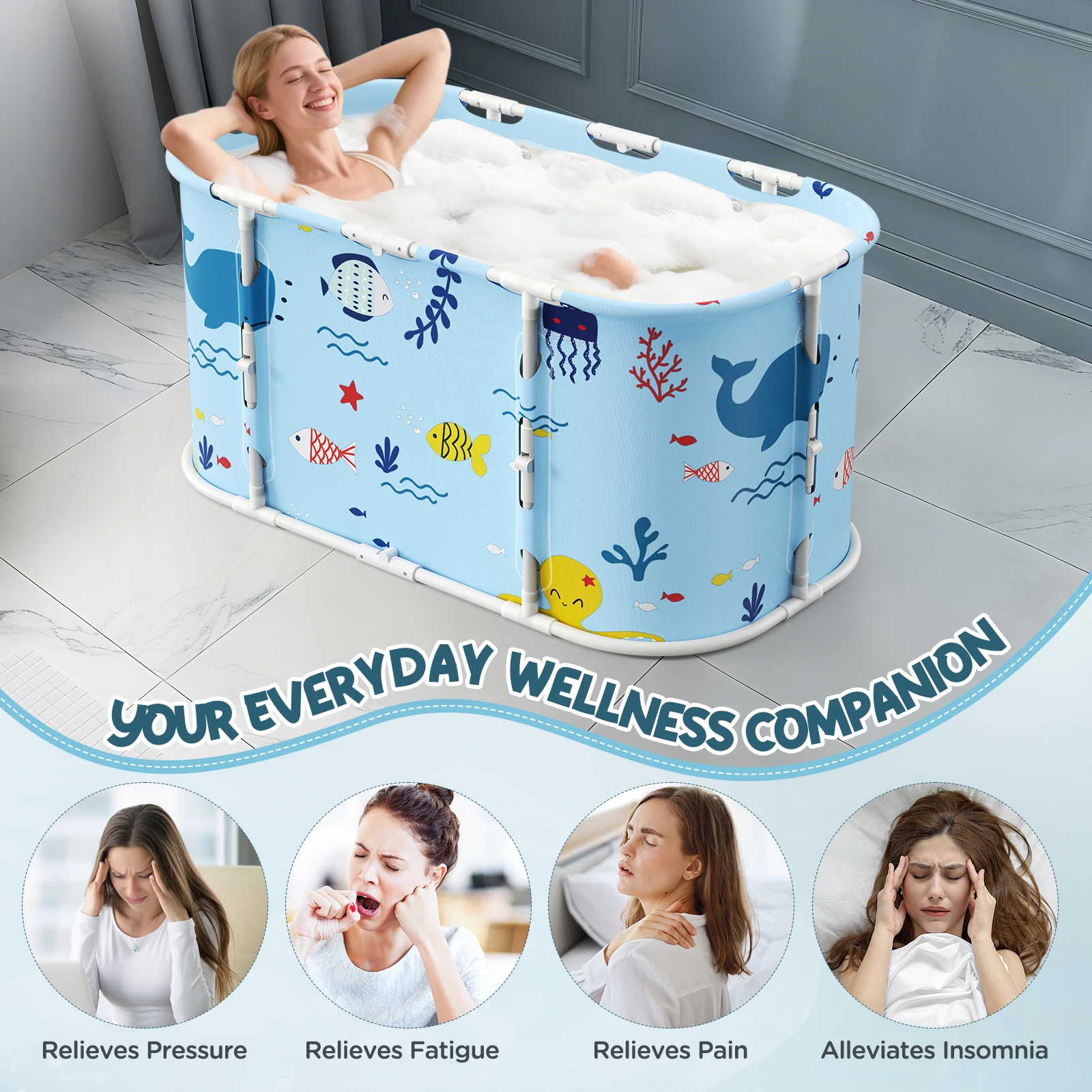 Bañera plegable portátil, 110 l x 60 ancho x 52 alto cm, bañera de remojo para ducha caliente y baño de hielo, bañera de sauna independiente para adultos