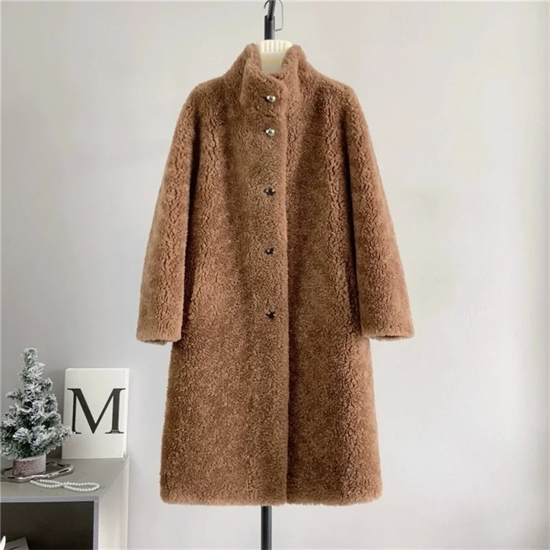 Black Pure wool Stand collar Long Solid Sheep shearing Fur Coat 2026 Autumn Winter New Women's Lamb fur fur Integrated Coats
