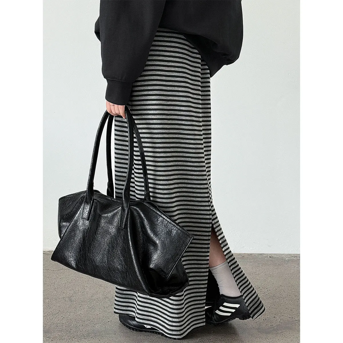 

Commuter Casual Lazy High-waist Drawstring Midi Skirt New Autumn and Winter Style Draped Striped Slit Long Skirt