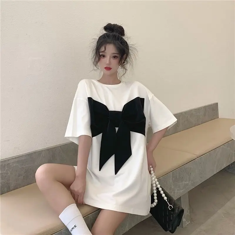 Short Sleeve T Shirts Summer New Bow Patchwork Loose Solid All-match Youth Street Casual Tops Fashion Korean Women Clothing