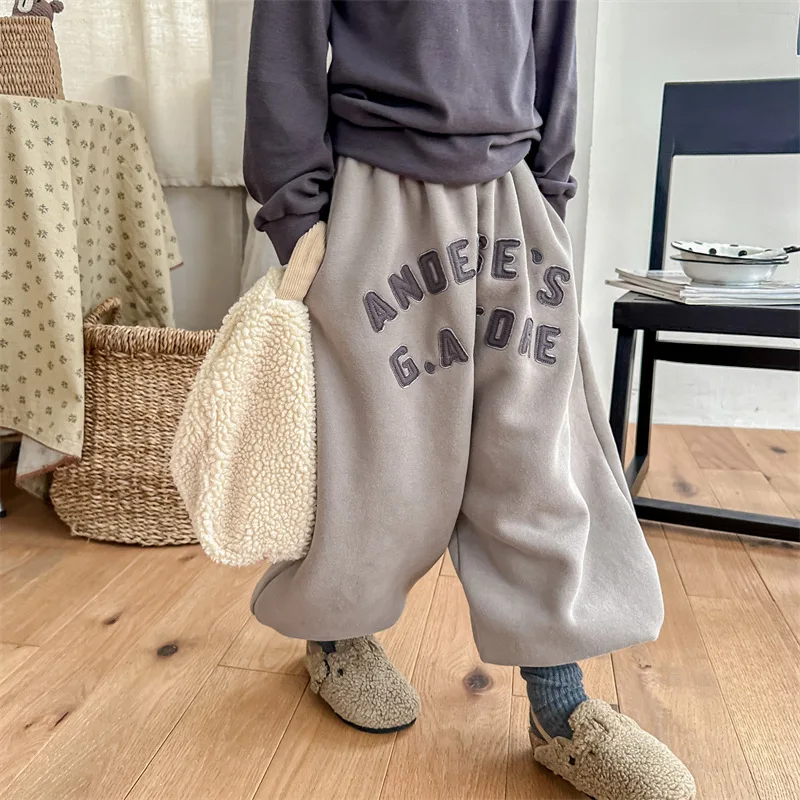 Autumn Winter Kids Letters Fleece sweatpants Girls warm thicken trousers Boys loose casual pants