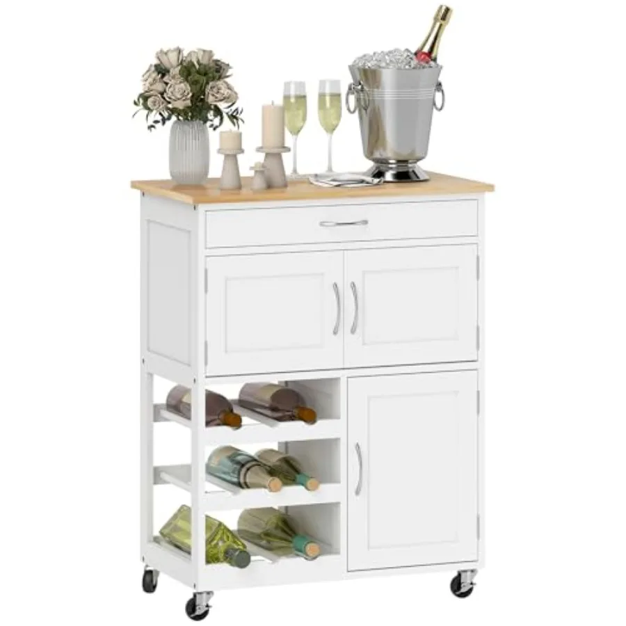 

Bar Cart Rolling Kitchen Island on Wheels with 9-Bottle Wine Rack, Small Kitchen Cart with Wide Drawer, Kitchen Storage Cabinet